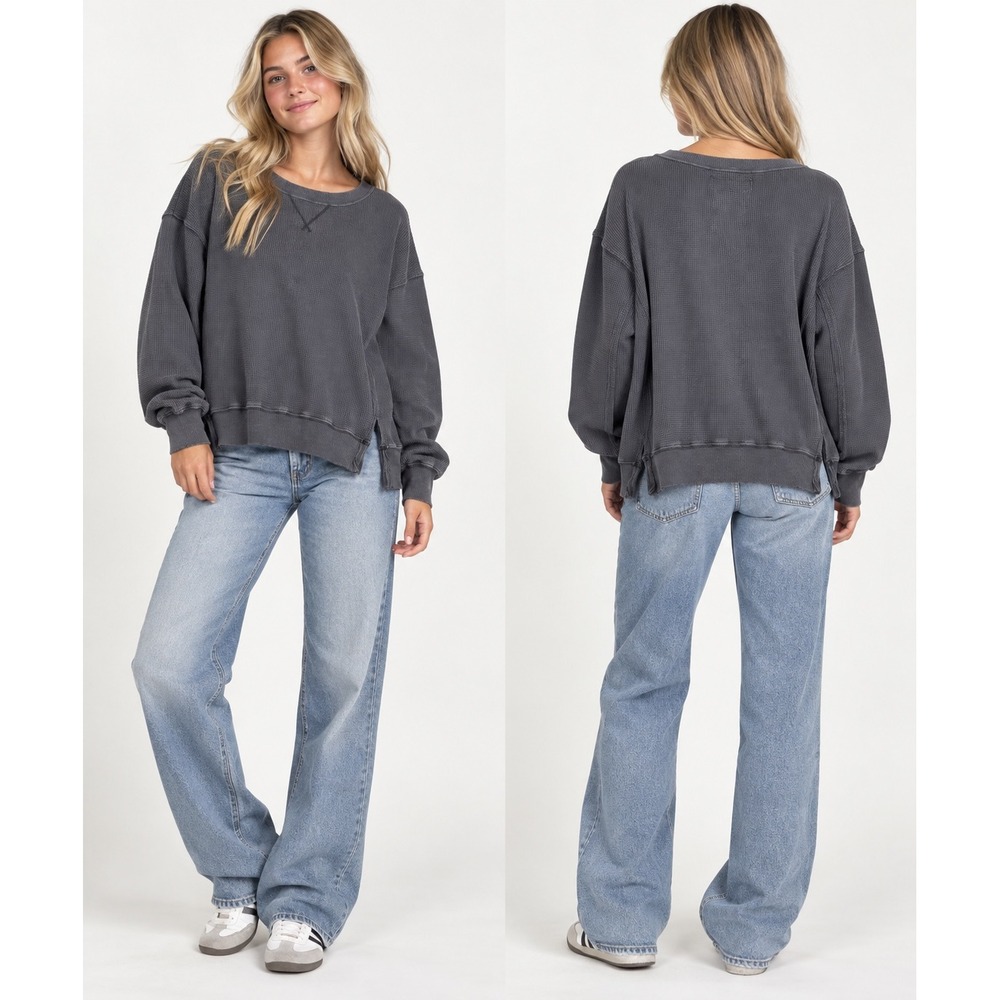 American Eagle Waffle Knit Pullover S Gray Lived-In Balloon Sleeve Oversized Top